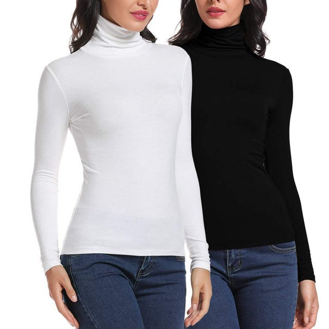 T-shirt Col Roulé Manches Longues Ajusté Extensible Basique Noir TG