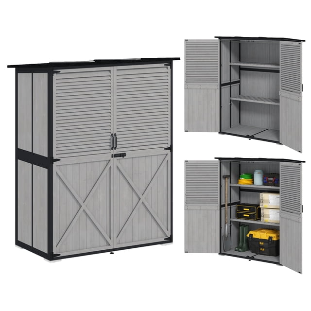Outsunny Armoire de Rangement Extérieure, Remise de Jardin en Bois avec 2 Tablettes, Gris