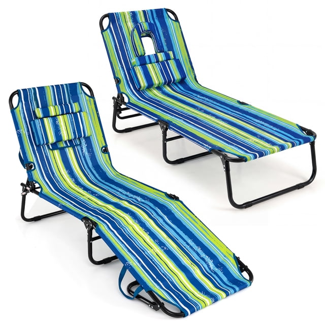 Costway 2 PCS Beach Chaise Lounge Chair with Face Hole Pillows & Adjustable Backrest