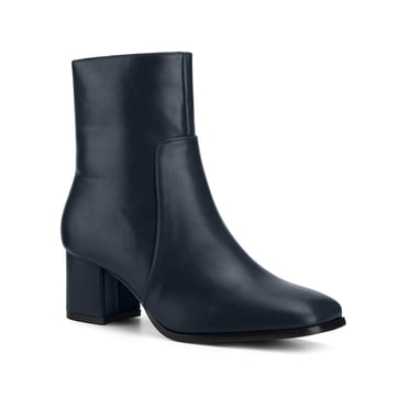 BLISSFUL STEP Bottines pour Femmes à Talon Épais Bout Carré Fermeture Éclair Latérale Bottillons en Similicuir Bleu Marine 9