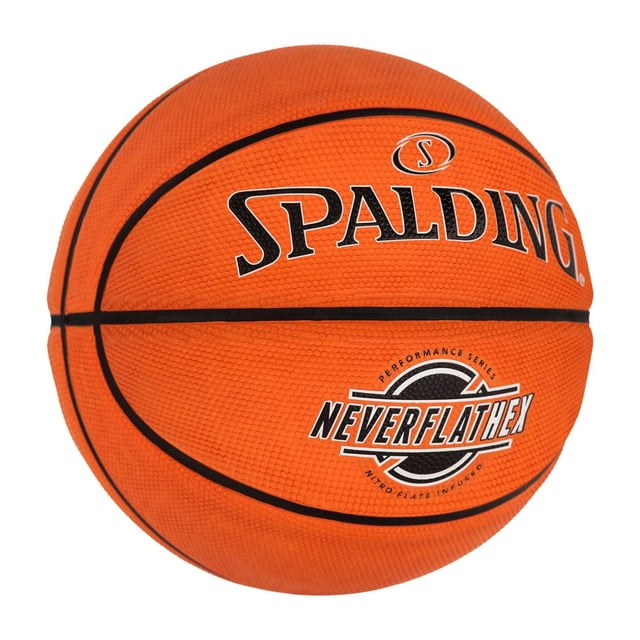 Spalding Neverflat Hexagrip Basketball, orange size 7, 29.5 inches, featuring a textured rubber cover with Soft Grip Technology and deep black channels for superior control, branded with Spalding and Neverflat Hex logos, designed for indoor and outdoor play with NitroFlate air retention technology for long-lasting inflation, also suitable for casual street play.