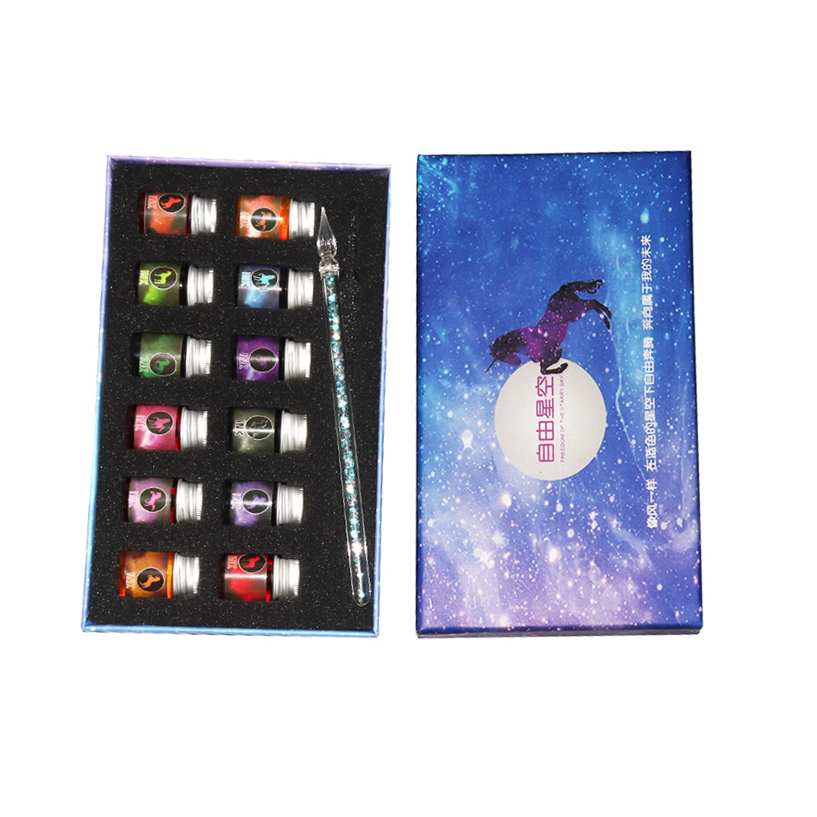 Glass Dip Pen and Ink Set Crystal Starry Sky Signature Pen Fountain Pen Birthday Gift for Art Calligraphy Writing Drawing Decoration