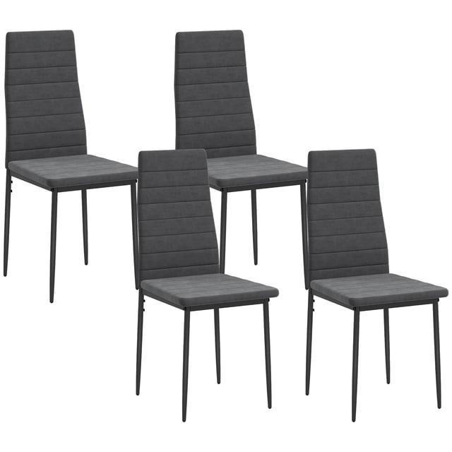 HOMCOM Chaises de Salle à Manger, Ensemble de 4, Chaises d'Appoint Rembourrées Grises avec Tissu Effet Velours et Dossier Haut pour Soutien Lombaire. Doté d'Un Capitonnage à Canaux pour un Style Moderne, Pieds en Acier Enduit de Poudre pour la Stabilité, et dimensions de 16.1 Pouces L x 19.7 Pouces P x 38.2 Pouces H. Convient aux Comptoirs de Cuisine Ou aux Aires de Repas.
