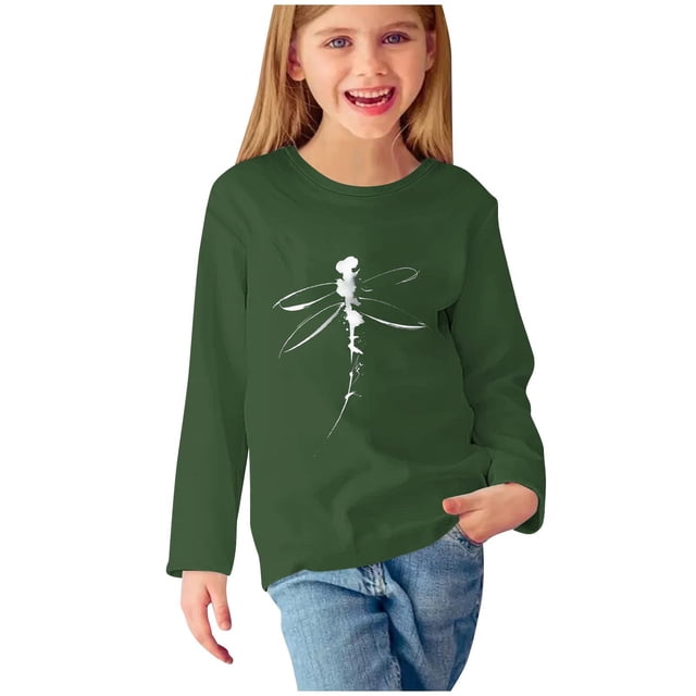 T-shirts à Manches Longues pour Filles, Col Rond, en Coton, Imprimé Libellule, T-Shirts Décontractés d'Automne et de Printemps, T-Shirts Graphiques Basiques pour Enfants (9 Ans, Vert Armée)