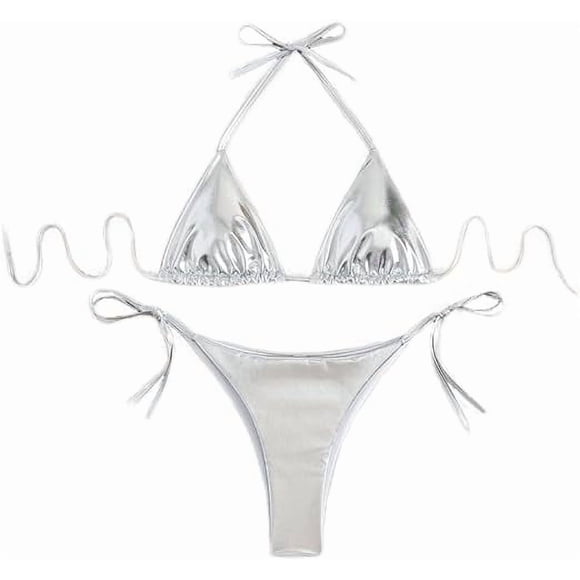 Women's Metallic Bikini Halter Top Two Piece Swimsuit Tie Side Triangle Bikini with Padded Silver Large