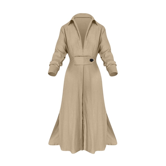 Liquidation à 50 % de Rabais! Robes de Soirée pour Femmes, Robe Chemise Irrégulière à Taille Haute pour Femmes avec Boutons, Col à Revers, Col en V, Couleur Unie, Ceinture, Manches Longues, Beige, TG