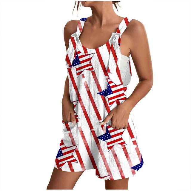 Penkiiy Fête de l'Indépendance Combishort à Bretelles d'Été pour Femme, Confortable et Décontracté, Imprimé, avec Poches, 2TG, Multicolore