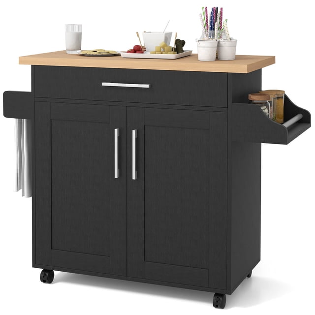 Costway Chariot de Cuisine Roulant de 44 Pouces avec Tiroir, Tablette Ajustable, Porte-Épices et Porte-Serviettes, Noir. Cet Îlot de Cuisine mobile Présente un Cadre en Bois d'Ingénierie Noir avec un Comptoir en Bois Naturel. Il Comprend un Tiroir Profond, Deux Armoires Fermées avec Portes Magnétiques et une Tablette Réglable à 3 Niveaux pour un Rangement Polyvalent. Les Étagères Latérales Retiennent les Épices et les Serviettes, et Quatre Roues, Dont Deux Verrouillables, Offrent une Mobilité Facile. Convient à la Préparation de Cuisine, au Rangement Ou à une Utilisation en Plusieurs Pièces.