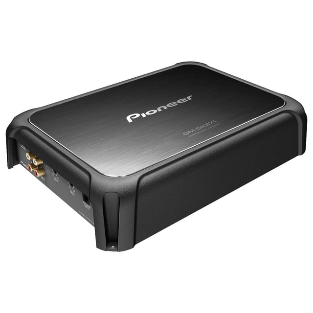 Pioneer GM-DX971 Class-D Mono Car Subwoofer Amplifier with a textured aluminum panel and tough frame, ideal for car audio systems. Features include gold-plated RCA connections, speaker-level inputs, and a bass boost remote for sound customization. This compact amplifier delivers up to 1,200 watts RMS power, supports 1-ohm load compatibility, and is designed for high efficiency, making it suitable for versatile subwoofer setups in auto electronics.