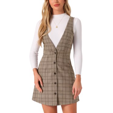 INSPIRE CHIC Women's Overall Houndstooth Pinafore Sleeveless Suspender Dress M Brown Check
