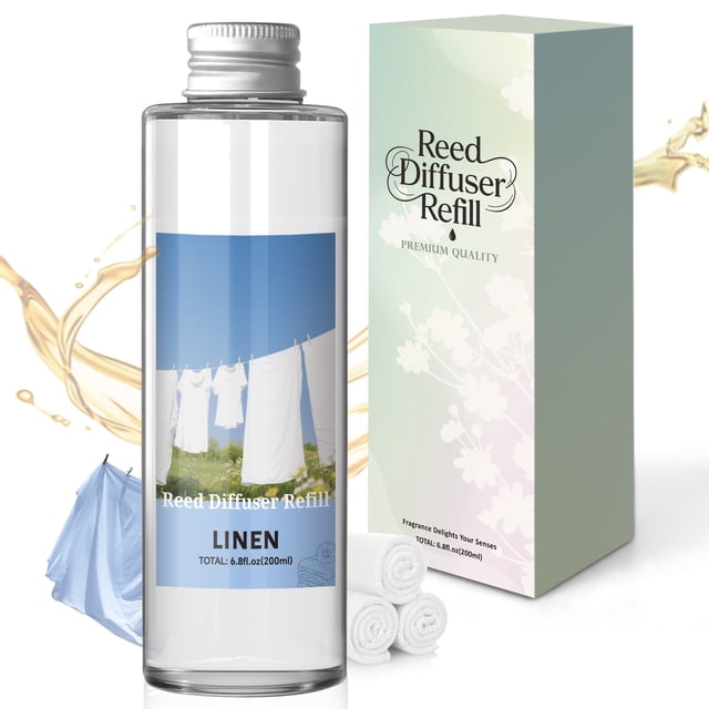 SCENTORINI Fresh Linen Reed Diffuser Refill, a 200ml/6.8 fl oz bottle of natural essential scented oil, displayed with its packaging. The clear bottle features a fresh linen design and a silver cap, while the box has a soft floral pattern. Ideal for aromatherapy, spa, and home use, it provides a long-lasting fresh linen fragrance.