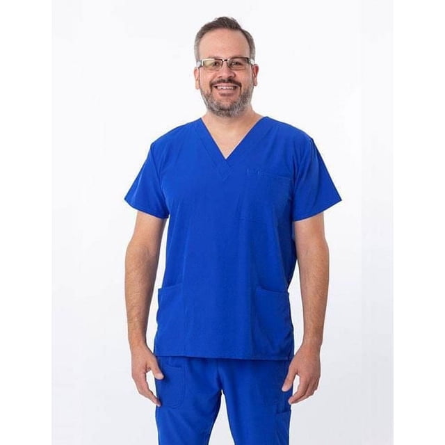 Greentown Canada Scrubs 4Flex 1202 Unisex Scrub Top in blue shown on a front-facing model wearing matching blue scrub pants, featuring a V-neck, short sleeves, three pockets, moisture-wicking 93% polyester and 7% spandex fabric with 4-way stretch, and an athletic fit for healthcare professionals.