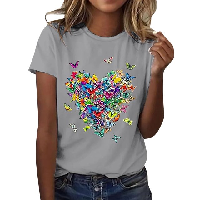 LUOGENLI T-shirts pour Femmes, Col Rond, Manches Courtes, Imprimé, Confortable, T-shirts Amusants, Graphiques, Saint-Valentin, Gris Clair P
