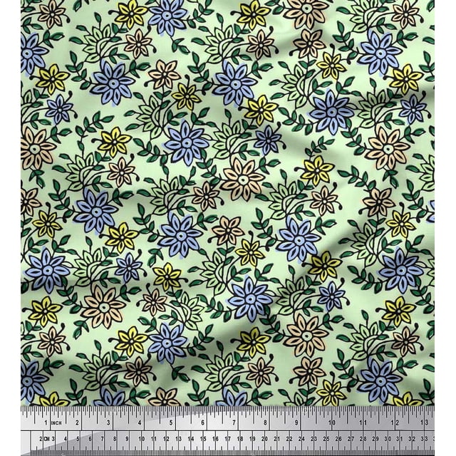 Soimoi Polyester Crepe Fabric Leaves & Floral Block Printed Fabric 1 Yard 52 Inch Wide