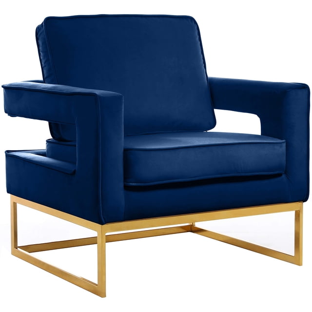 Meridian Furniture Noah Collection Modern | Contemporary Velvet Upholstered Accent Chair with Durable Stainless Steel Base, Navy, Gold Base