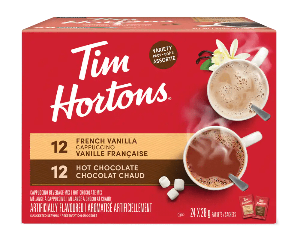 Boîte assortie Tim Hortons de sachets de cappuccino vanille française et de chocolat chaud, crémeux et onctueux, 24 unités