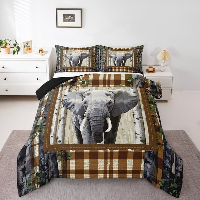 Erosebridal African Elephant Bedding Sets Todder with Comforter, Brown Buffalo Duvet Insert, Birch Tree Bedroom Decor, Reversible 2pcs