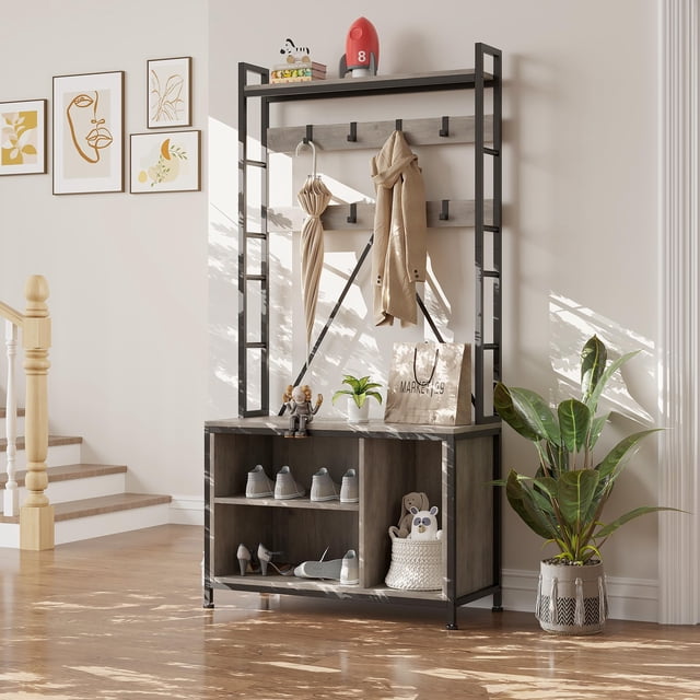 AKDSteel Hall Tree with Bench and Coat Rack, 36.41" Entryway Shoe Bench with 17 Hooks, Drawers and Top Shelf, 5-in-1 Freestanding Storage Organizer for Entryway, Mudroom