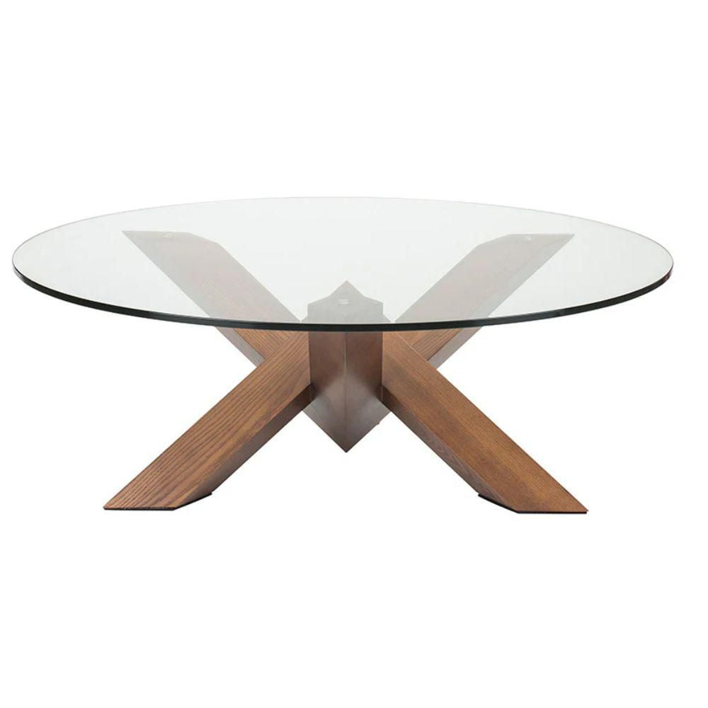 Table basse en noyer avec plateau en verre trempé transparent