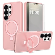 Asuwish Phone Case for Samsung Galaxy S26 Ultra 5G Tempered Glass Screen Protector Magnetic Folding Stand Frosted Translucent Rugged Shockproof Protective Cell Cover S26Ultra 26S S 26U Women Men Pink