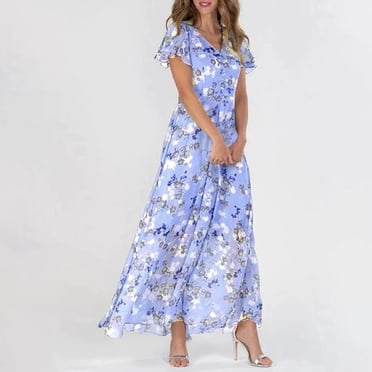 Trendy Women's Casual Dress Swing Style Chiffon Floral Ruffle Short Sleeve V Neck Waist Flowy Fashionable Dresses for Everyday Wear
