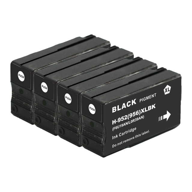 L-ink 4 Pack Compatible HP 952XL Black High Yield Ink Cartridge (F6U19AN) with four black pigment ink cartridges labeled H-952/956/XLBK, featuring push buttons, compatible with OfficeJet Pro printers, arranged in a row on a white background.