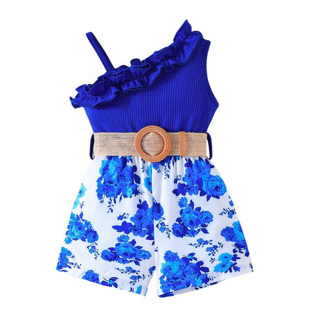 LUOGENLI Robe Fillette Tout-Petits Été Volants Sans Manches Imprimés Floraux Robe Côtelée Vêtements Robe Maxi pour Filles Paquet Bleu 2-3 Ans