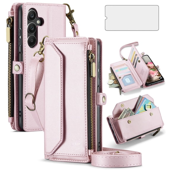 Asuwish Compatible with Samsung Galaxy A16 5G/4G Zipper Wallet Phone Case Tempered Glass Screen Protector Crossbody Lanyard Strap Flip Card Holder Slot Cell Cover for A16 16A SM-A166U Women Rose Gold