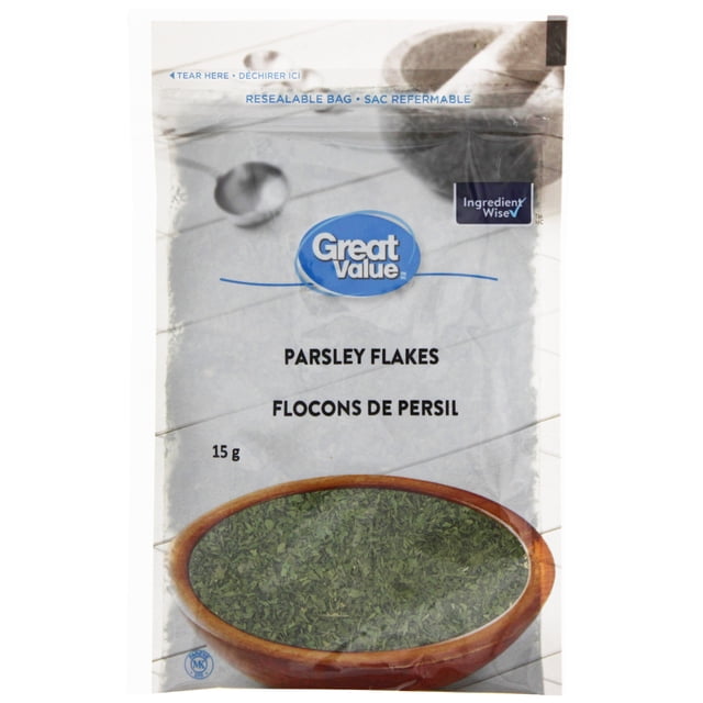Great Value Parsley Flakes in a resealable 15 g bag with a clear window showing dried green parsley flakes over a wooden bowl illustration, labelled with Ingredient Wise symbol and bilingual English-French text, suitable for seasoning vegetables, meats, and soups.