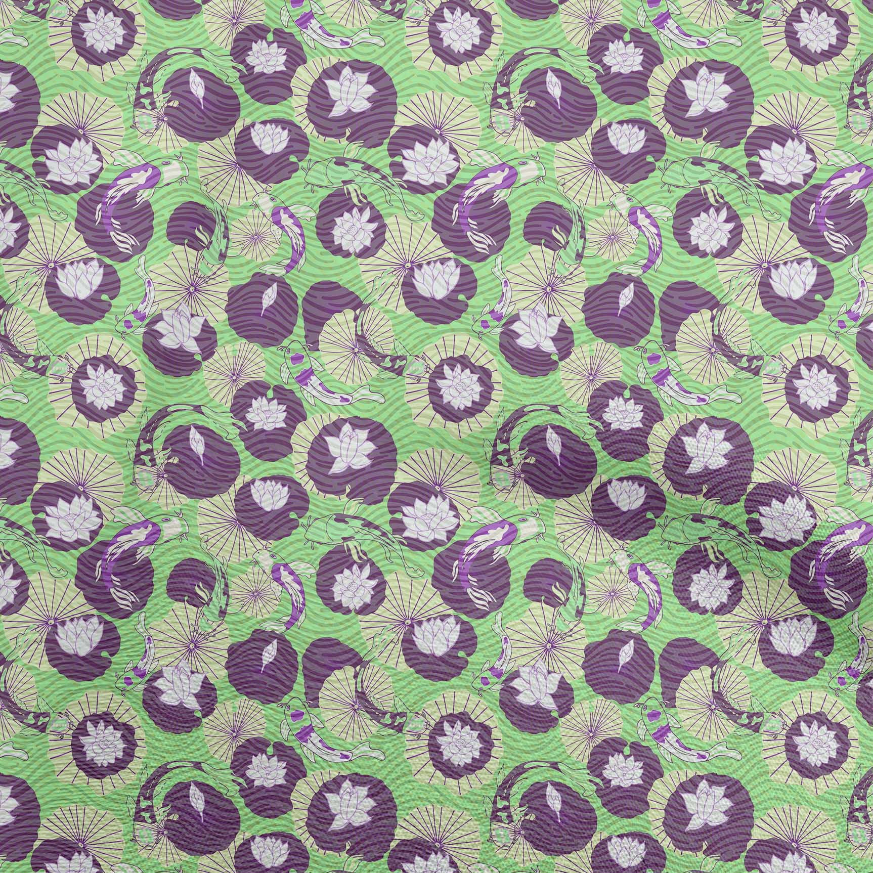 oneOone Cotton Poplin Light Green Fabric Asian Japanese Koi Fish with Abstract Flower Craft Projects Decor Fabric Printed by The Yard 42 Inch Wide