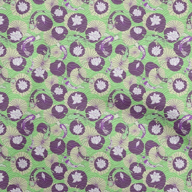 oneOone Polyester Spandex Light Green Fabric Asian Japanese Koi Fish with Abstract Flower Sewing Craft Projects Fabric Prints by Yard 56 Inch Wide