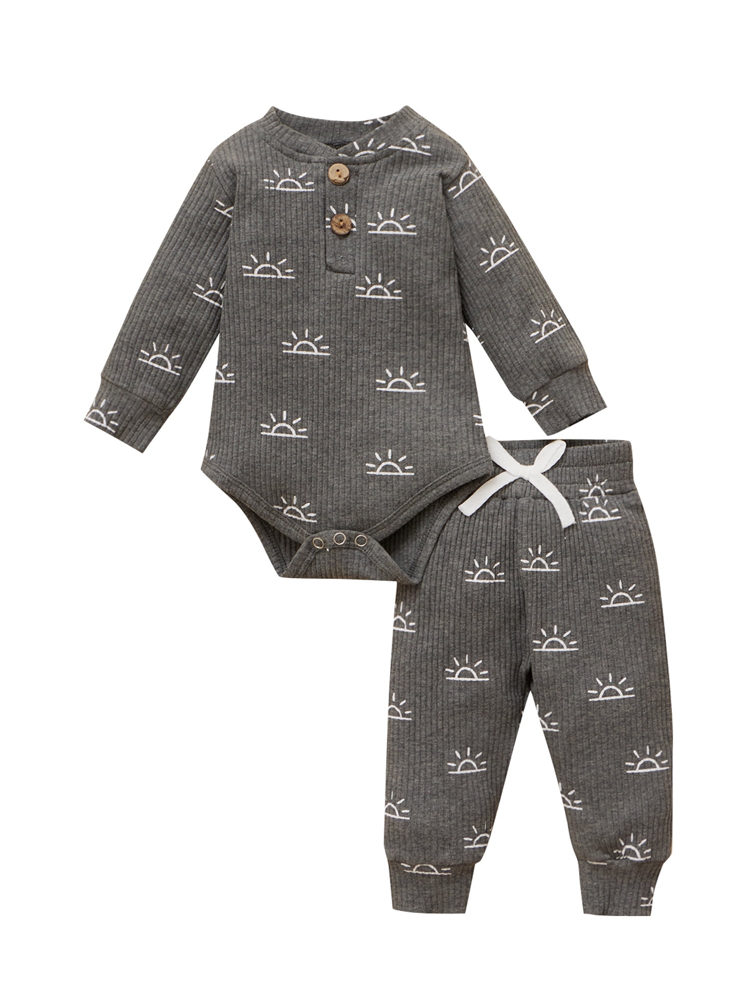 Kmbangi Ensemble 2 Pcs pour Tout-Petit, Barboteuse Soleil à Col Henley à Manches Longues + Pantalon