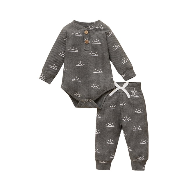 Kmbangi Ensemble 2 Pcs pour Tout-Petit, Barboteuse Soleil à Col Henley à Manches Longues + Pantalon