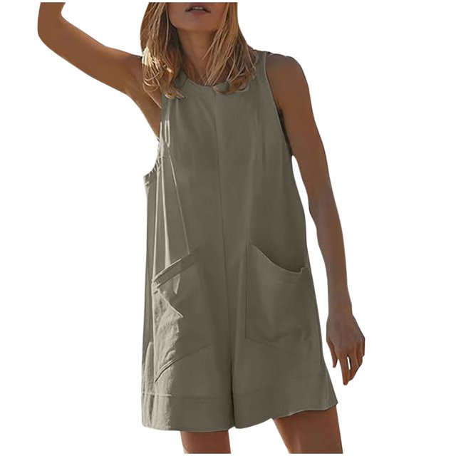 RKSTN Combinaisons pour Femmes Mode Été Couleur Unie Dos Creux Combinaison Coupe Ample Col Rond Sans Manches Poches Combinaisons