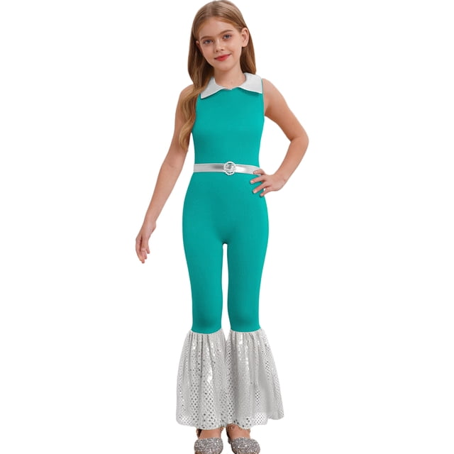 Hansber Combinaisons de Danse Disco Sans Manches à Sequins pour Filles Enfants Col Rabattu Fermeture Éclair Vert 14