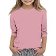 thumbnail image 2 of 2025 Chemises à Manches 3/4 pour Filles Mode Couleur Unie Col Rond Hauts Chemises Décontractées Rose, 2 of 6