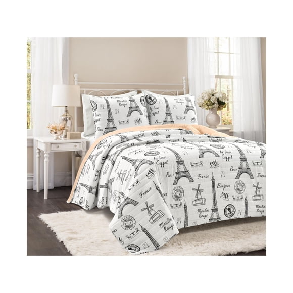 Lush Decor Paris Bonjour 3 Piece Quilt Sets, Black/Blush, Full/Queen