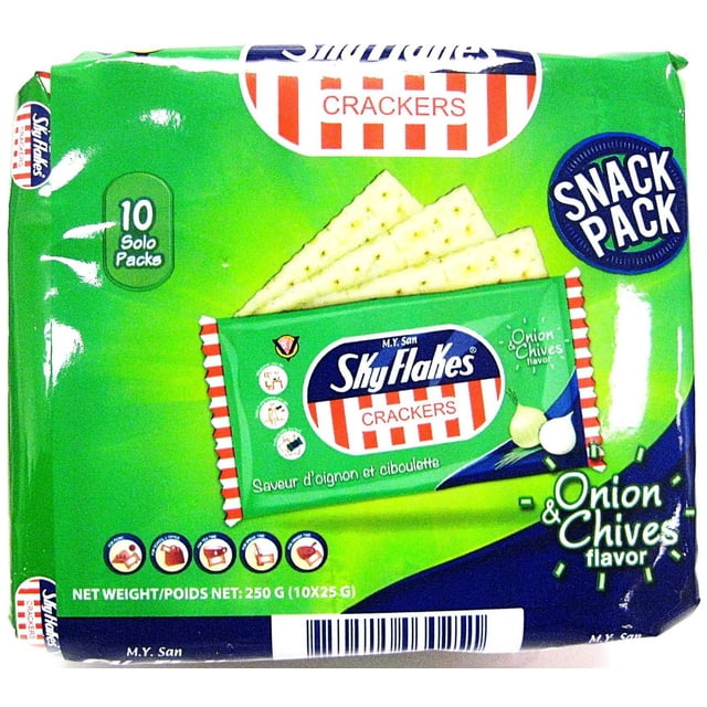MY San Skyflakes Crackers Onion & Chives Flavor snack pack with 10 solo packs of wheat crackers in green packaging, featuring onion and chives flavor, net weight 250 grams, ideal as a light meal alternative or travel snack.
