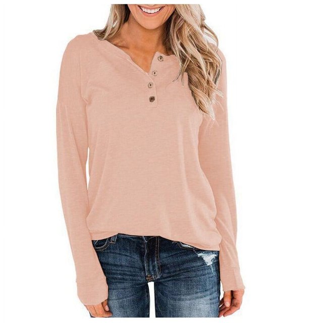 Timegard Womens Tops Notched V-Neck Button Long Sleeve Solid Color Comfy Fall Casual Loose Tee Tops