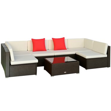 Outsunny 7 Piece Patio Furniture Set, PE Rattan Outdoor Conversation Set with Sectional Sofa, Glass Tabletop, Cushions and Pillows for Garden, Lawn, Deck, Dark Brown and Ivory