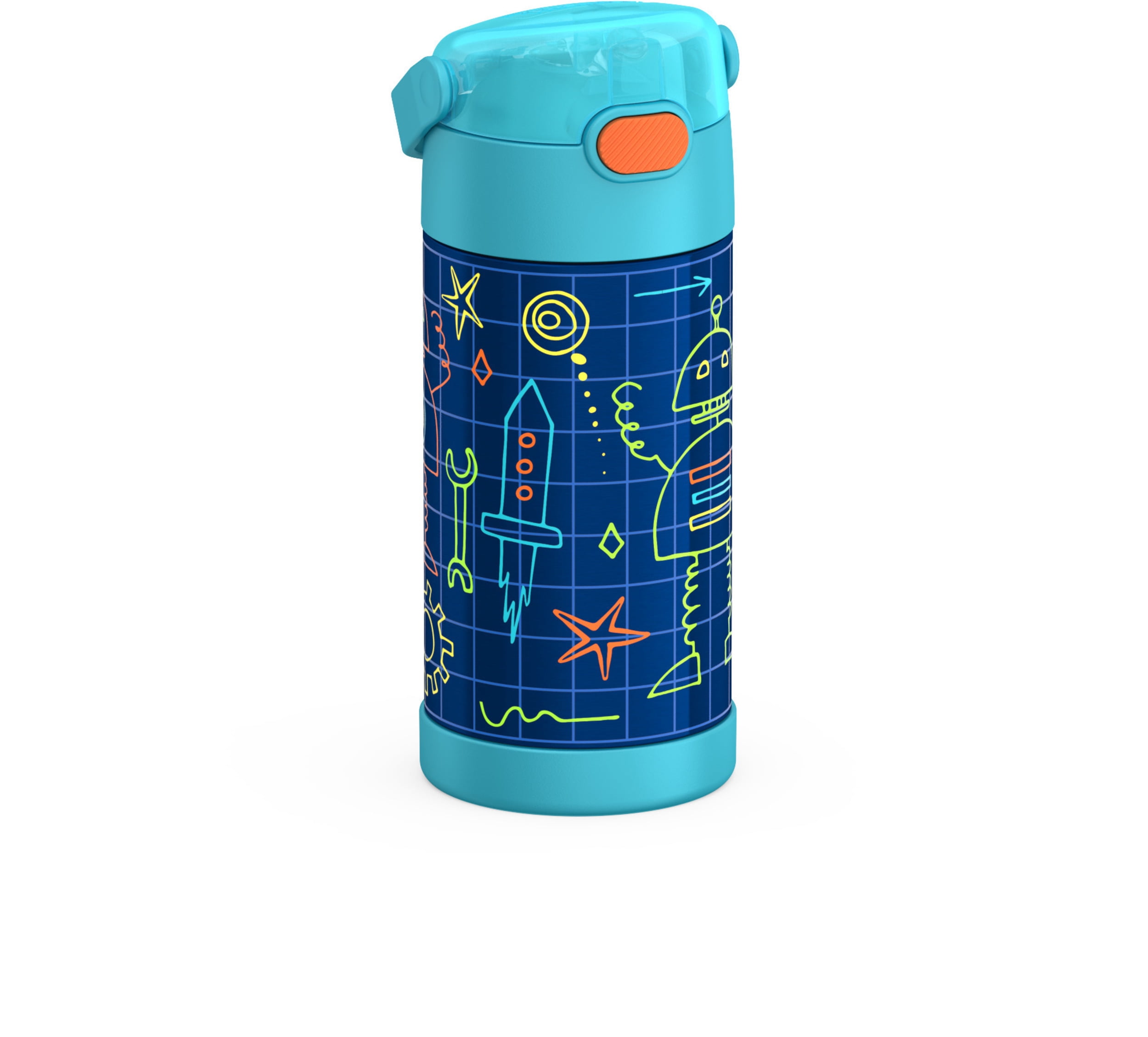Bouteille isotherme Thermos Kids Funtainer en acier inoxydable de 355 ml avec paille rabattable, Robots