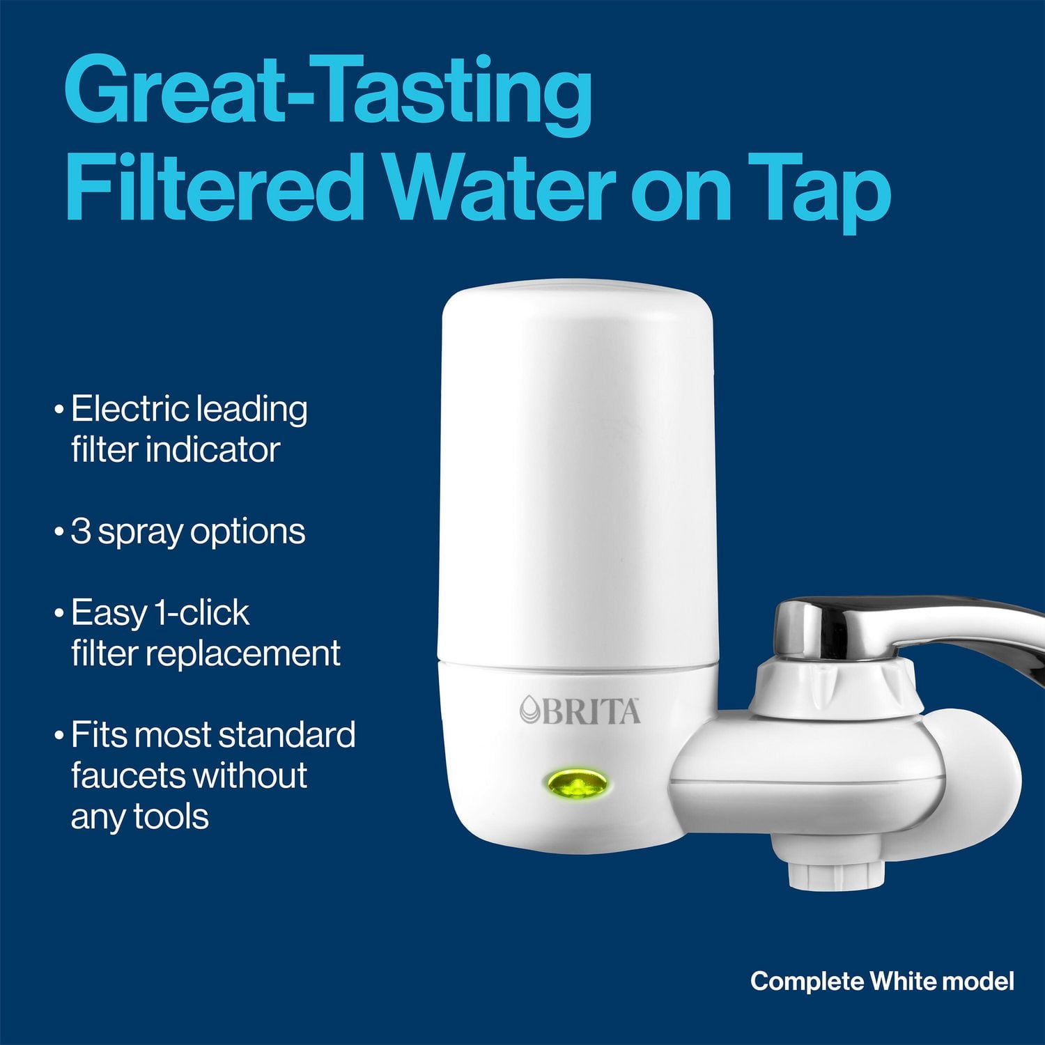 Système de filtration d’eau sur robinet Brita avec indicateur de changement de filtre, réduit la teneur en plomb, fabriqué sans BPA, compatible avec les robinets standards seulement, modèle de base bl
