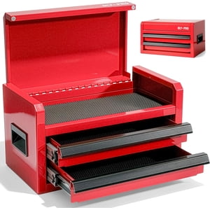 Mini Boîte à outils avec 2 Tiroirs et rangement haut, Construction en acier durable avec des diapositives à bille, Multi-Purpose Portable Tool Boxes Organisateur de boîtier pour Garage, Rouge