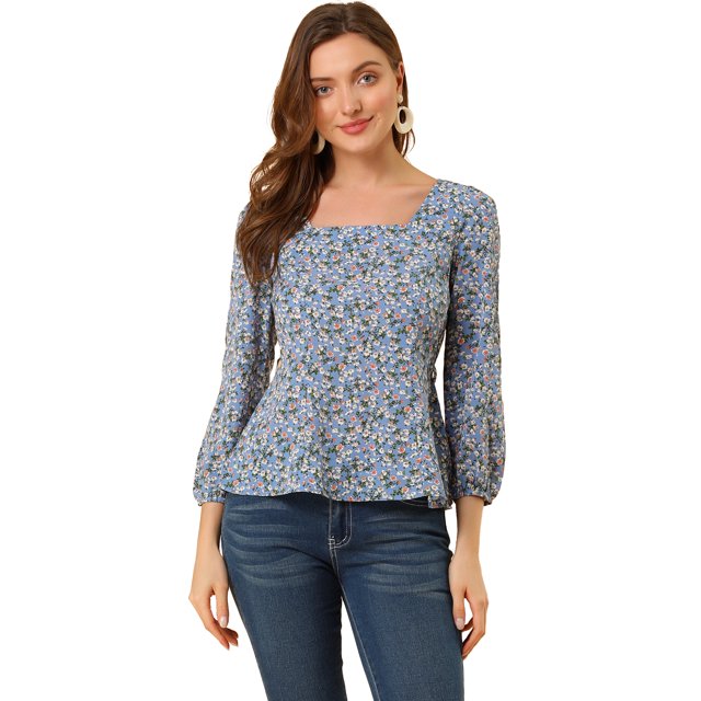 INSPIRE CHIC Blouse à Manches Longues à Encolure Carrée Florale pour Femmes avec Ceinture