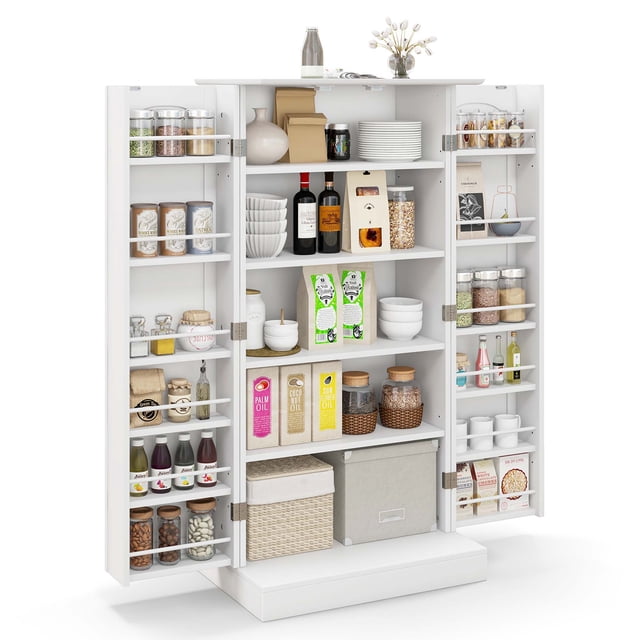 Costway 47.5" kitchen pantry cabinet in white with adjustable shelves, anti-toppling devices, and 17-tier storage. Designed for kitchen storage and pantry organization, it features a spacious tabletop, 5-tier interior shelves, and 12-tier side racks for efficient storage. Includes metal handles, magnetic catches, and a widened base for stability. Ideal for kitchens, dining rooms, or entryways.