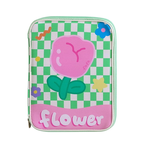 Girl Cartoon PU Checkerboard Pattern Tablet Case Zipper Clutch (Black)