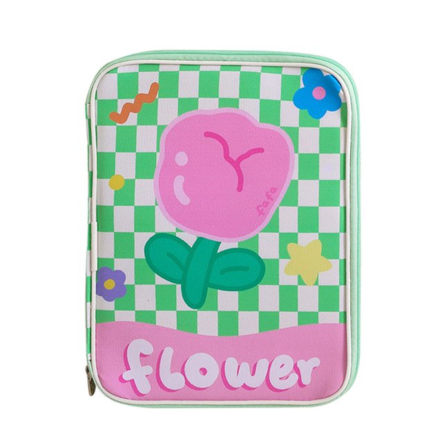 Girl Cartoon PU Checkerboard Pattern Tablet Case Zipper Clutch (Black)
