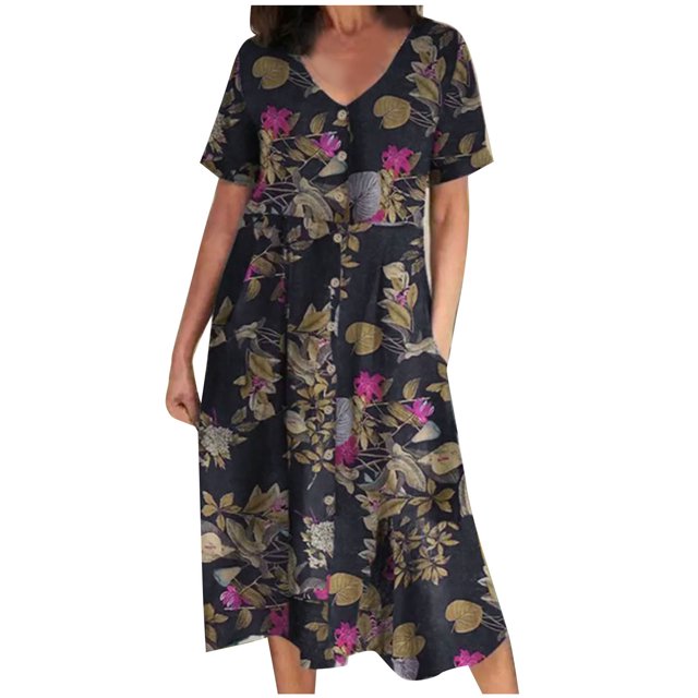 Birdeem Robe Décontractée Vintage Aguichant à Manches Courtes Col en V avec Boutons et Poches pour Femmes