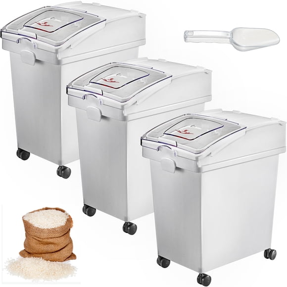 VEVOR Bac à Ingrédients, Capacité de 6,6 Gallons, Lot de 3, Bacs à Farine en Polypropylène sur Roulettes, Bac à Ingrédients Blanc avec Pelle et Couvercle Coulissant, Bacs de Rangement Commerciaux