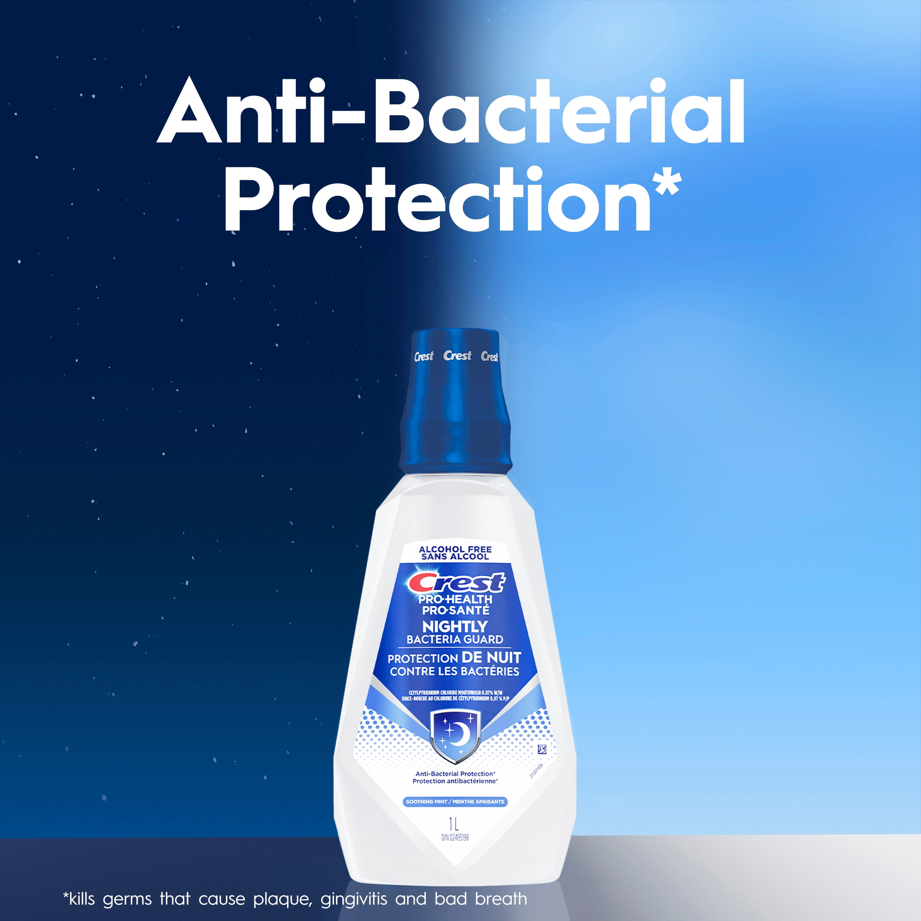 Rince-bouche Crest Pro-Santé Protection de nuit contre les bactéries, antibactérien pour une protection de nuit, sans alcool, antigingivite, antiplaque, Menthe apaisante, 1 L